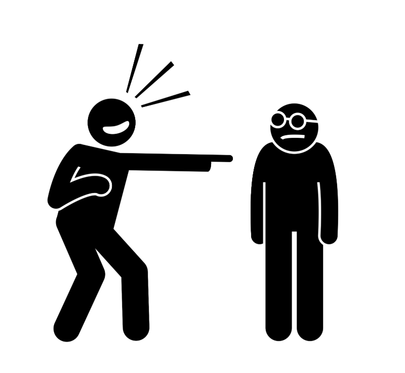 A digital black-and-white drawing of two stick people. One is laughing uproariously and pointing at the other one. The one being pointed at has glasses and a slightly unhappy expression.