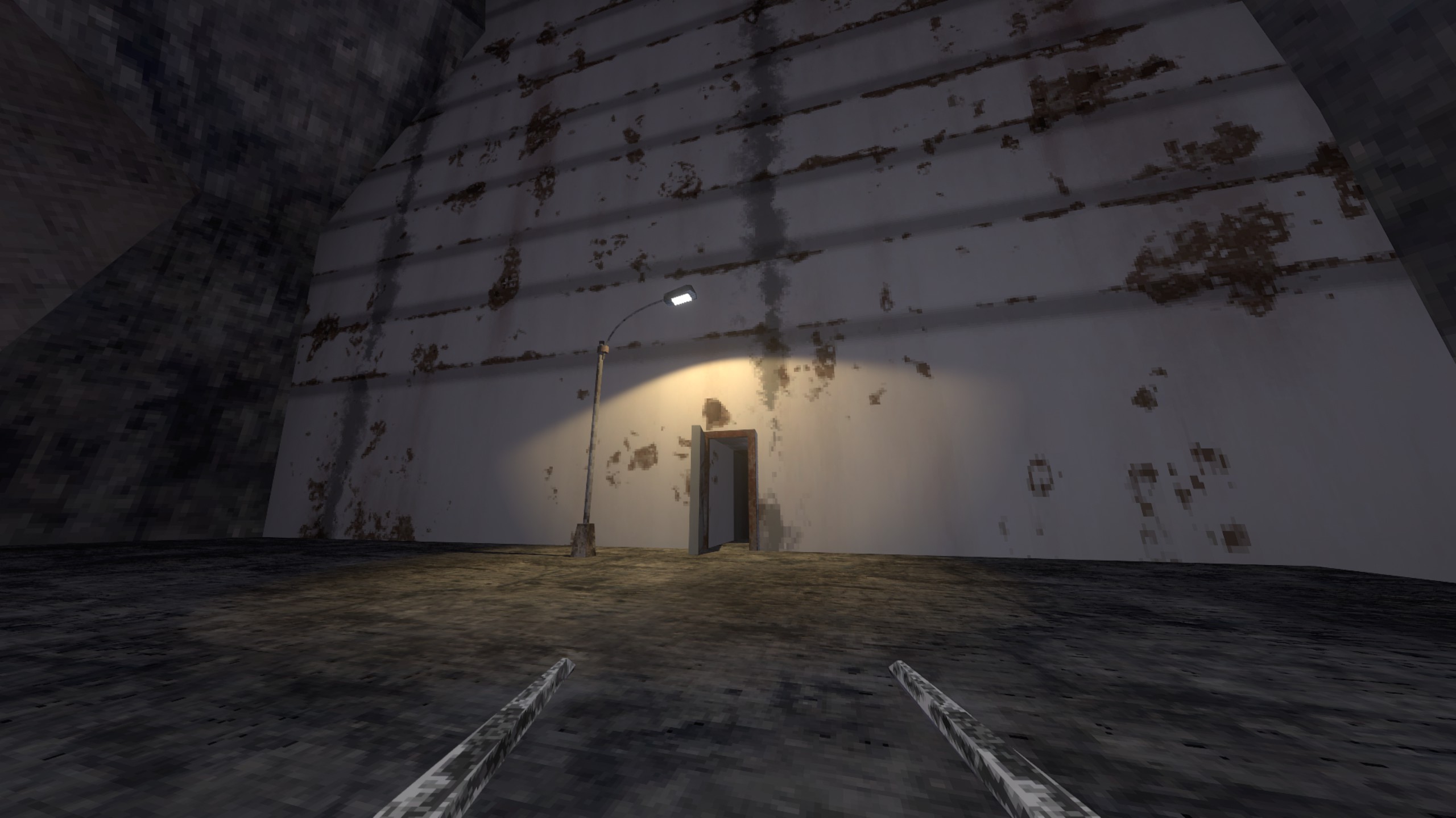 Screenshot of Lorn's Lure, showing a small door in a very tall, metal wall. A lamppost is shining directly on the door.