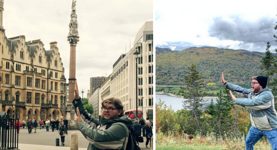 Two photos of me holding up my hands like people do when they take a picture in front of the Leaning Tower of Pisa. In the first one, I look like I'm holding up a perfectly straight upright column in the background. In the second, I'm standing in front of some trees, a hill, and a river. My hands don't line up with anything in the background.